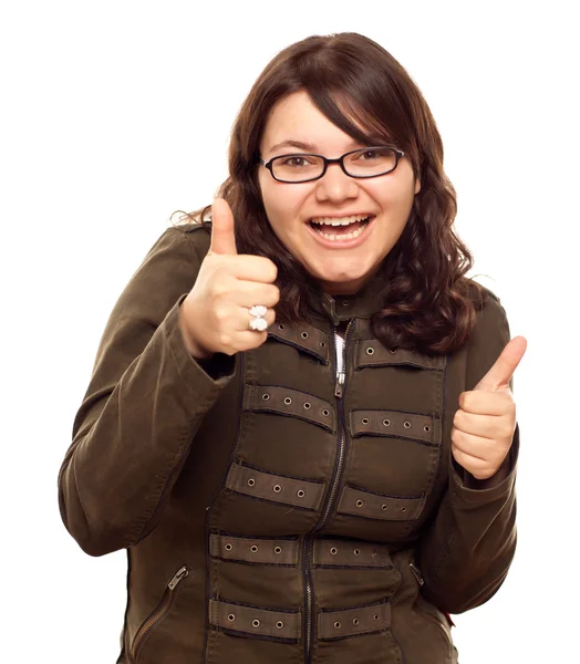 Glada unga kaukasiska kvinna med tummen upp — Stockfoto