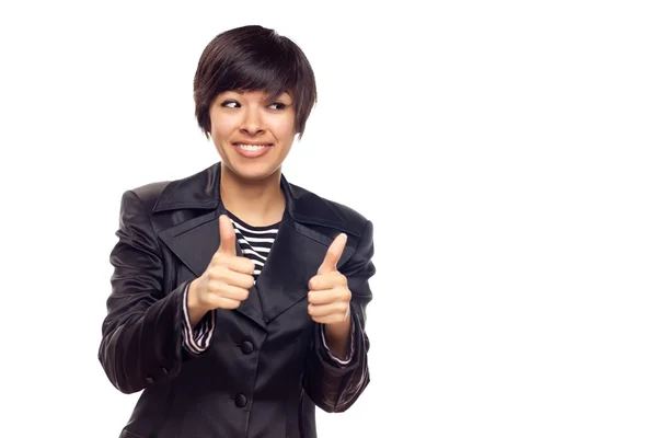 Šťastné mladé smíšené rasy žena s thumbs up na bílém — Stock fotografie