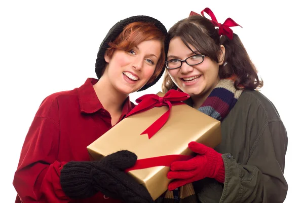 Two Pretty Girlfriends Holding A Holiday Gift — Stock Photo, Image