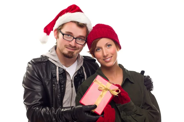 Ciepłe atrakcyjna młoda para z prezent świąteczny — Zdjęcie stockowe