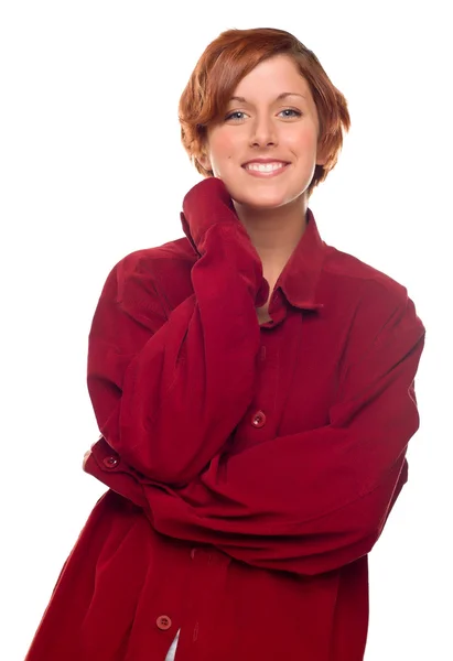 Menina de cabelos vermelhos bonita vestindo uma camisa de veludo vermelha quente — Fotografia de Stock