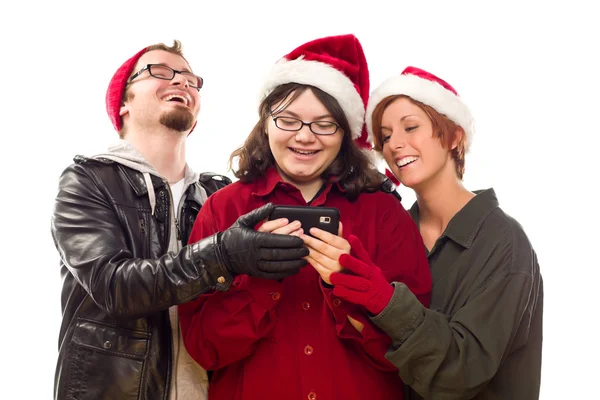 Τρεις φίλοι, απολαμβάνοντας ένα κινητό τηλέφωνο μαζί — Φωτογραφία Αρχείου