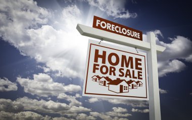 White Foreclosure Home For Sale Real Estate Sign Over Clouds and clipart