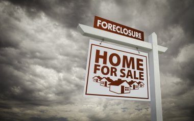 White Foreclosure Home For Sale Real Estate Sign Over Cloudy Sky clipart