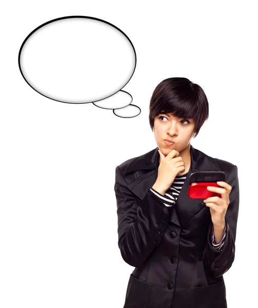Többnemzetiségű Gyönyörű Fiatal Mobiltelefon Üres Gondolat Buborékok Elszigetelt Fehér Background — Stock Fotó