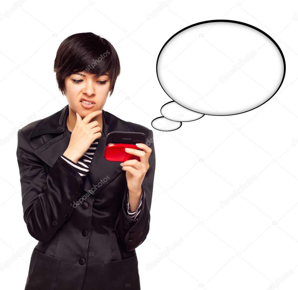 Beautiful Multiethnic Young Woman with Cell Phone and Blank Thought Bubbles Isolated on a White Background.