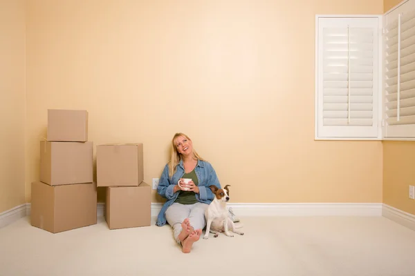 Mulher Bonita Sentada Chão Com Copo Lado Caixas Móveis Cão — Fotografia de Stock