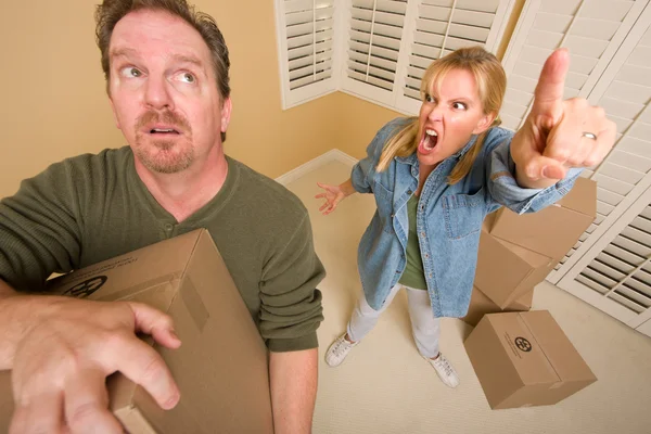 Stressed Man Moving Boxes Demanding Wife Surrounded Other Boxes — Stock Photo, Image