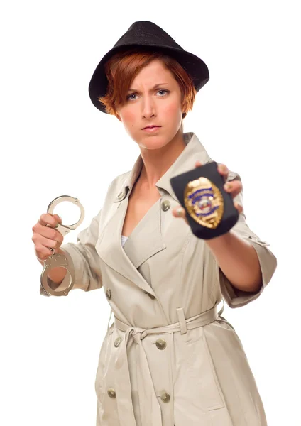 Червоні волосся жіночий детектив, наручники та знак у Trenchco — стокове фото