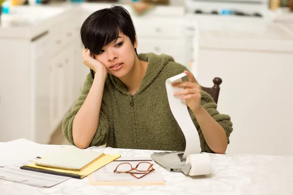 Multi-ethnic Young Woman Agonizing Over Financial Calculations — Stock Photo, Image