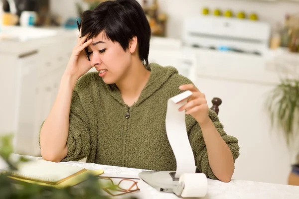 Multi-ethnic Young Woman Agonizing Over Financial Calculations — Stock Photo, Image