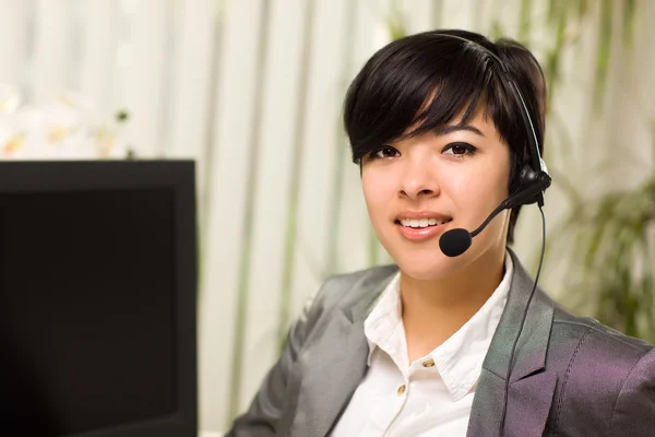Attractive Young Woman Smiles Wearing Headset — Stock Photo, Image