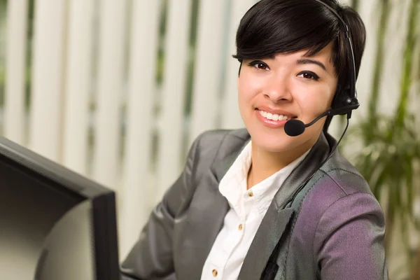 Attractive Young Woman Smiles Wearing Headset — Stock Photo, Image