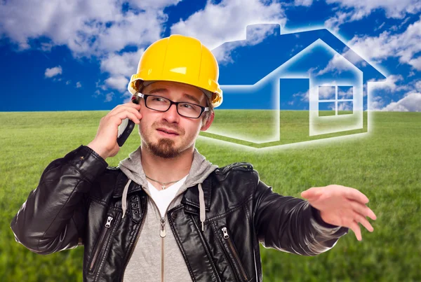 Contractor in Hard Hat in Front of Ghosted House and Grass Field — Stock Photo, Image