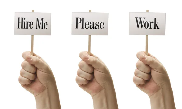 Three Signs In Fists Saying Hire Me, Please and Work — Stock Photo, Image