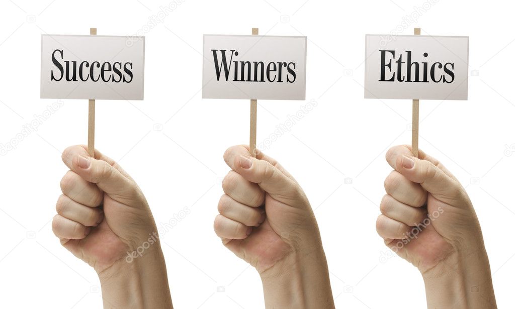 Three Signs In Fists Saying Success, Winners and Ethics