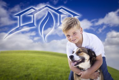 Boy and His Dog Playing Outside with Ghosted Green House Graphic clipart