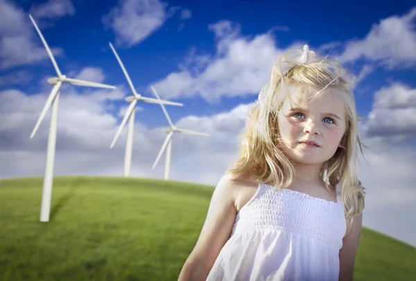 stock image Beautiful Young Girl and Wind Turbine Field