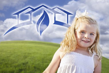 Blue Eyed Girl Playing Outside with Ghosted Green House Graphic clipart