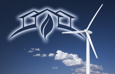 Wind Turbine Over Sky, Clouds, Ghosted House and Leaf clipart