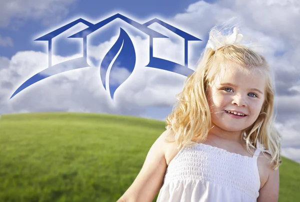 Blue Eyed Girl Playing Outside with Ghosted Green House Graphic — Stock Photo, Image