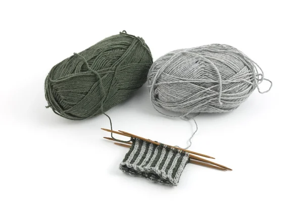 Knitting Four Bamboo Needles Make Mitten — Stock Photo, Image
