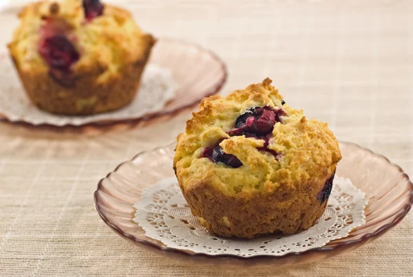 Muffins Arándano Recién Horneados Con Tapetes Encaje Placas Vidrio Rosa — Foto de Stock
