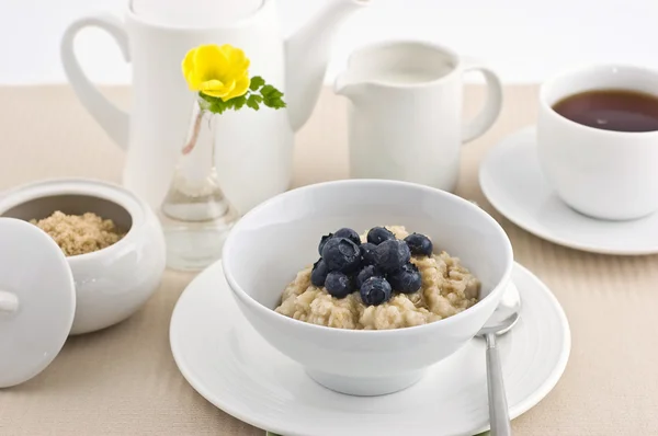 大片状蓝莓和红糖上白色中国整个麦片粥让健康的早餐 — 图库照片
