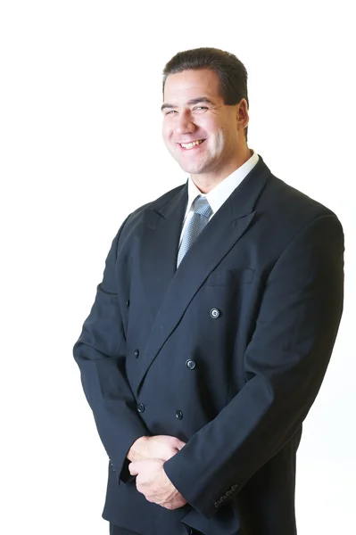 Attractive man in black suit with orange book and pen isolated o — Stock Photo, Image