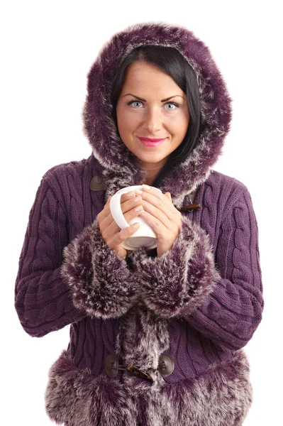 Μια νεαρή γυναίκα σε ένα πουλόβερ που απομονώνονται σε λευκό — Φωτογραφία Αρχείου