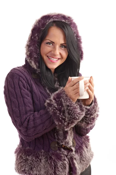 Young Woman Sweater Isolated White Mug Hot Beverage — Stock Photo, Image