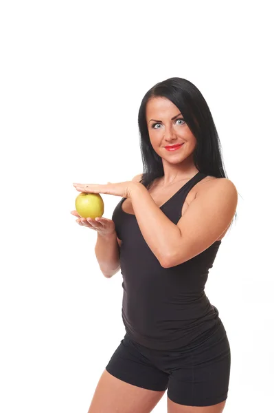 Yeşil Elma Üzerine Beyaz Izole Kızla Genç Güzel Fitness — Stok fotoğraf