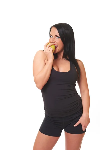 Fitness ragazza con mela verde isolato su bianco — Foto Stock