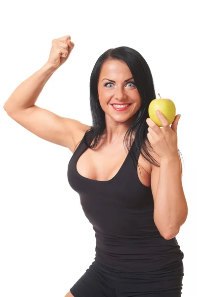 Young Beautiful Fitness Girl Green Apple Isolated White — Stock Photo, Image