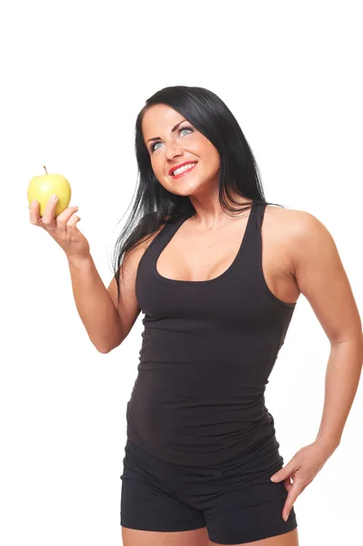 Fitness lány, elszigetelt fehér zöld alma — Stock Fotó