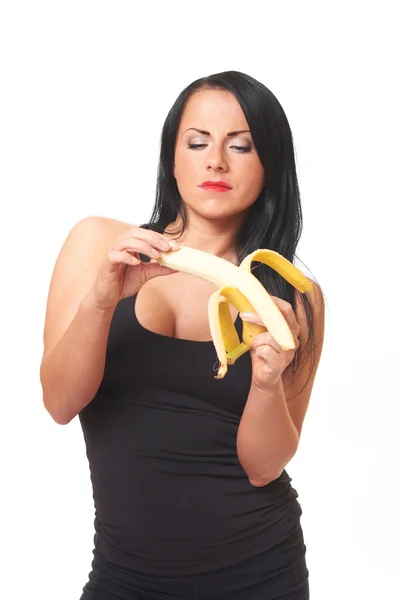 Junge Schöne Fitness Mädchen Mit Banane Isoliert Auf Weiß — Stockfoto