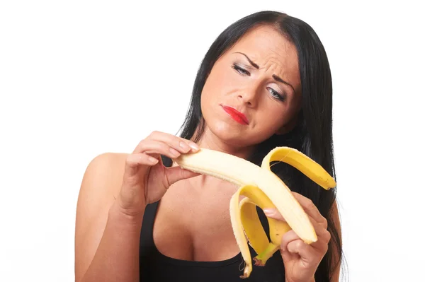 Menina Fitness Bonita Jovem Com Banana Isolada Branco — Fotografia de Stock