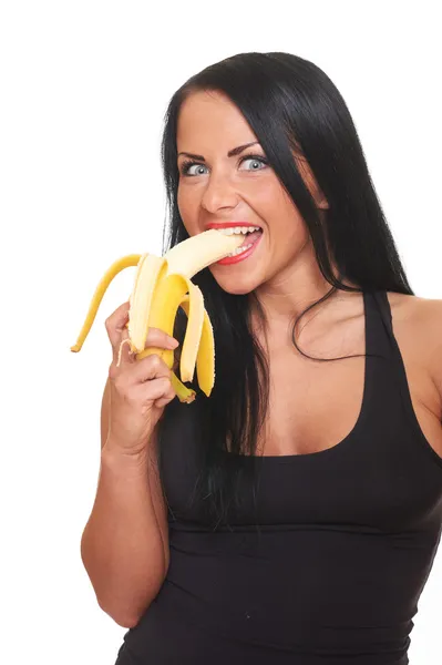 Mladé Krásné Fitness Dívka Banánem Izolovaných Bílém — Stock fotografie