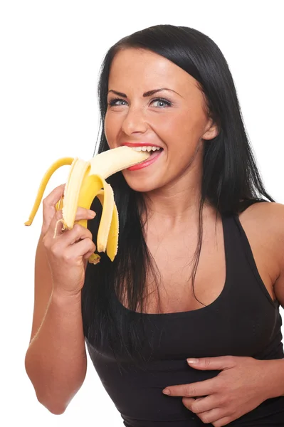 Chica fitness con plátano aislado en blanco —  Fotos de Stock