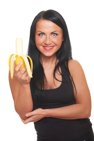 白で隔離されるバナナの若い美しいフィットネス女の子 — ストック写真