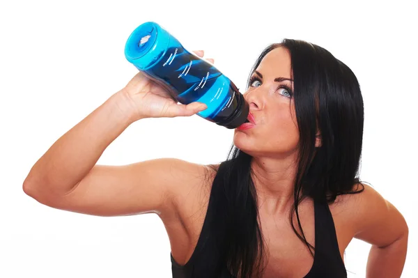Junge Schöne Fitness Mädchen Mit Flasche Wasser Isoliert Auf Weiß — Stockfoto