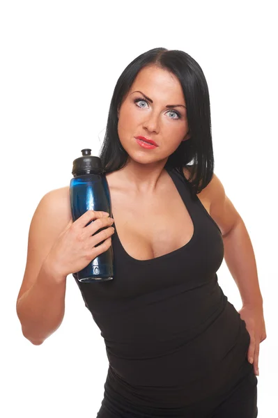 Menina fitness com garrafa de água isolada em branco — Fotografia de Stock