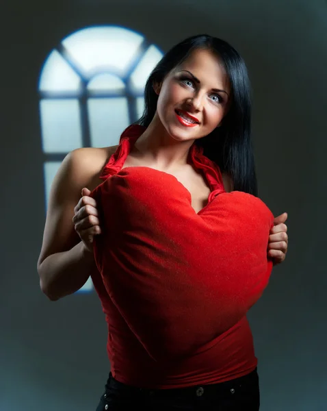 Artistic Portrait Beautiful Young Brunette Heart Hands Valentine Concept — Stock Photo, Image