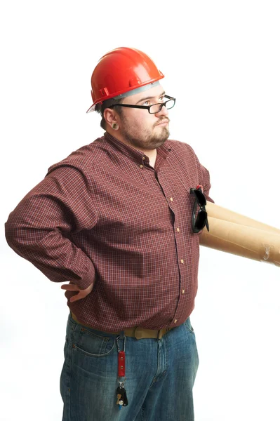 Costruttore serio in occhiali e cappello rosso duro — Foto Stock