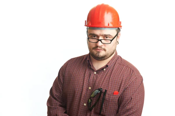 Serious Builder Glasses Red Hard Hat Engineering Drawing Isolated White — Stock Photo, Image