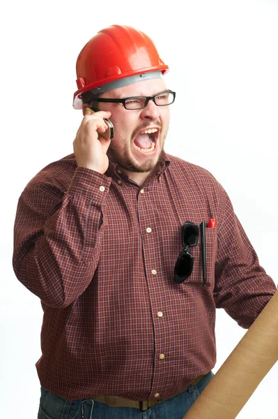 Constructor serio en gafas y sombrero rojo duro —  Fotos de Stock