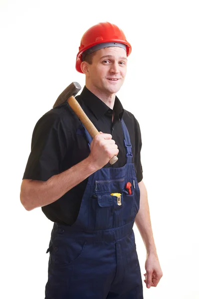 Porträt Eines Arbeiters Mit Rotem Hut Auf Weißem Hintergrund — Stockfoto