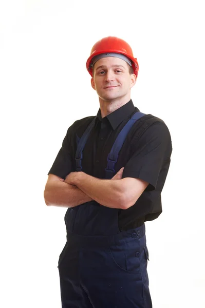 Porträt Eines Arbeiters Mit Rotem Hut Auf Weißem Hintergrund — Stockfoto