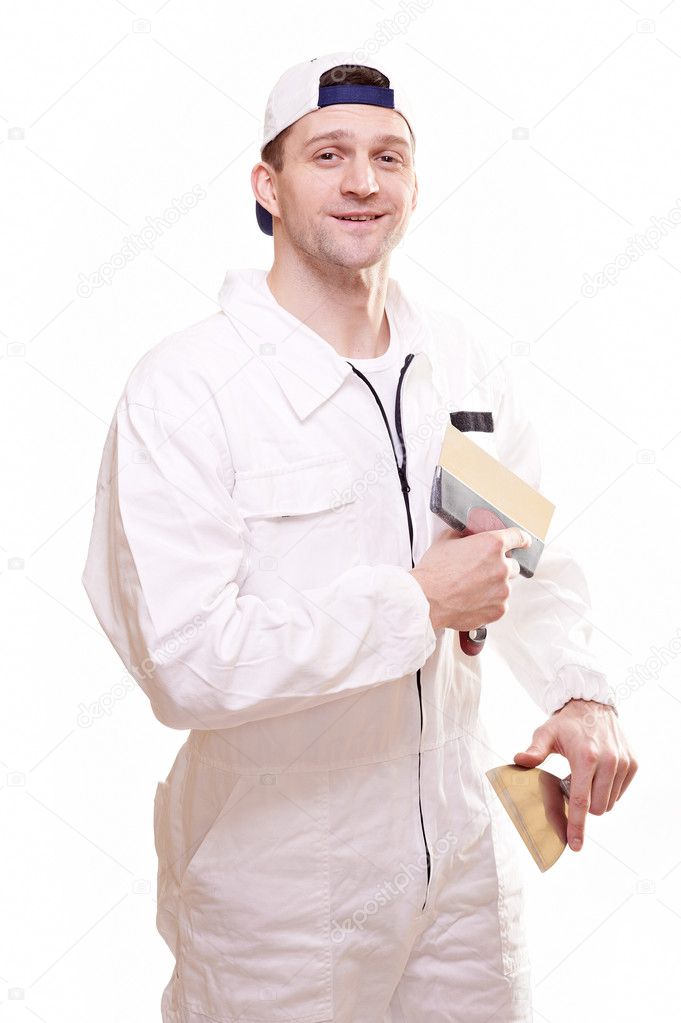 Portrait of a plasterer isolated on white