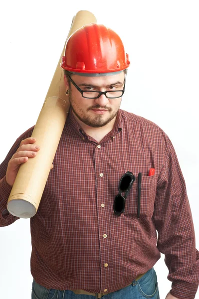 Serious builder in glasses and red hard hat — Stock Photo, Image